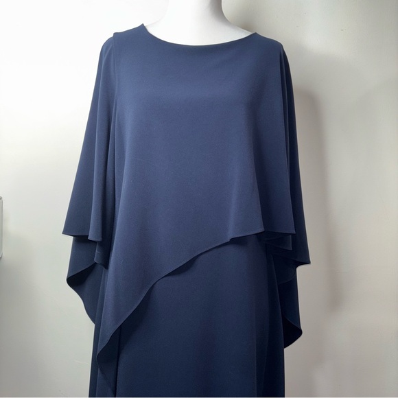 Halston Heritage Asymmetric Drape Crepe Dress Size 10 Blue Cape Capelet Sleeve - Picture 3 of 13